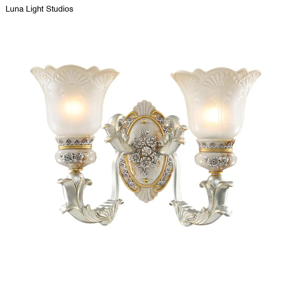 Vintage Floral Wall Lamp Kit With Frosted Glass Shade For Living Room Sconce Light In White-Gold
