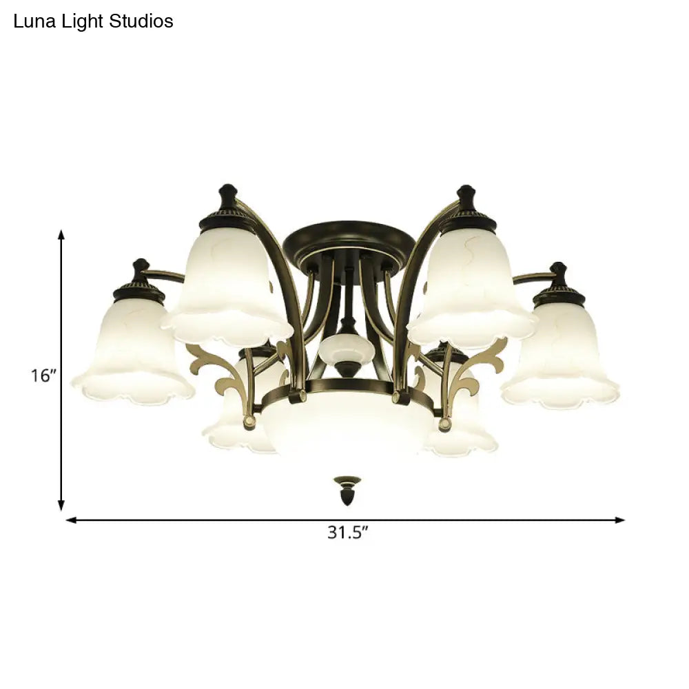 Vintage Floral White Glass Ceiling Lamp With 3/6/8 Lights For Dining Room - Semi Flush Mount In