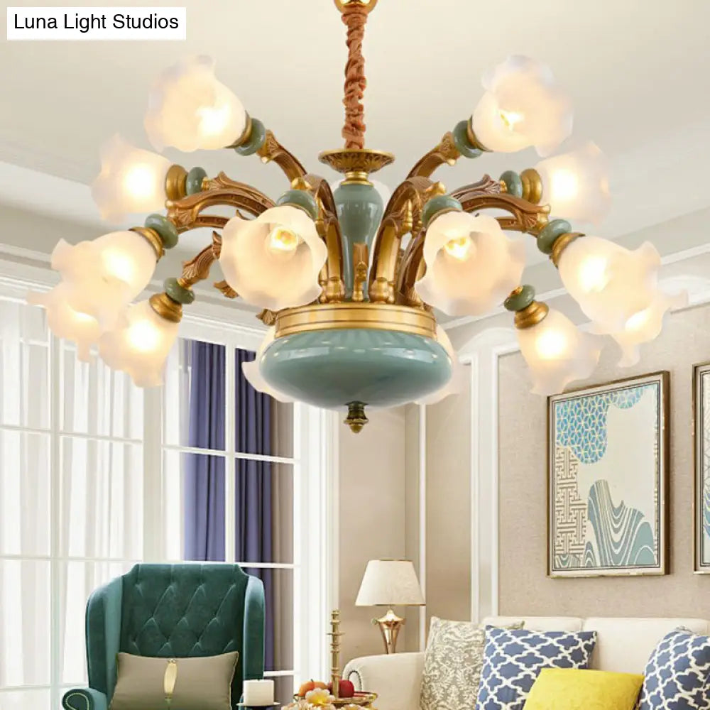 Vintage Flower Opal Frosted Glass Chandelier: Brown-Blue Hanging Light For Living Room
