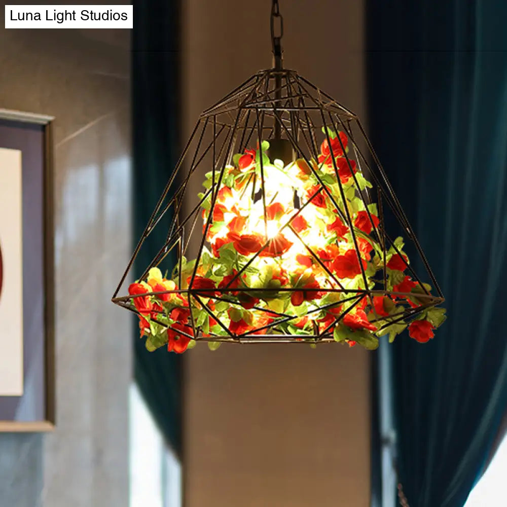 Vintage Geometric Pendant Ceiling Light In Black With Metal Led Flower Suspension
