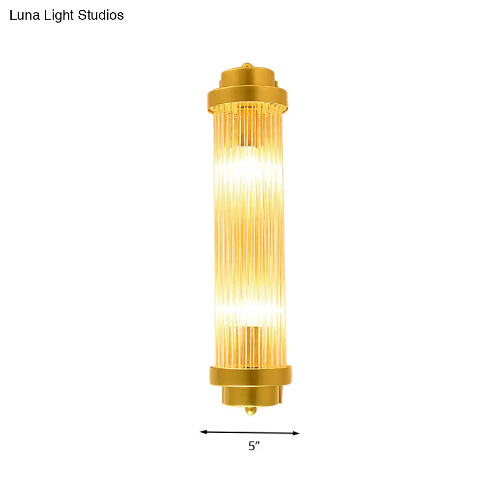 Vintage Gold Cylinder Wall Sconce With Clear Glass And Dual Led Lights For Bedroom