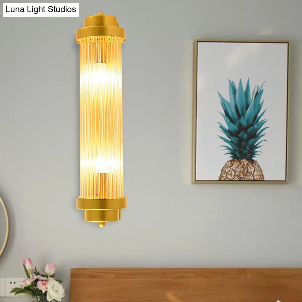 Vintage Gold Cylinder Wall Sconce With Clear Glass And Dual Led Lights For Bedroom