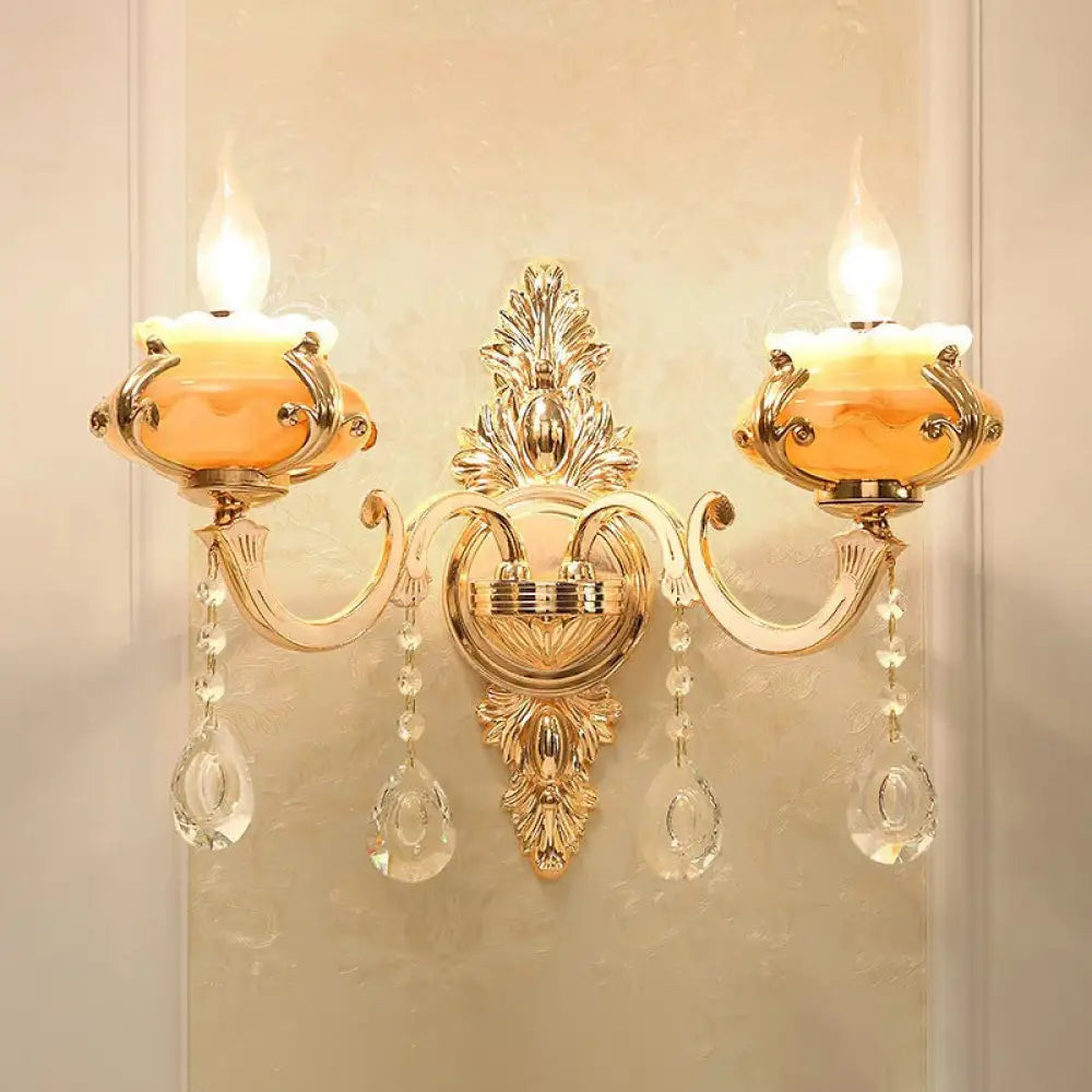 Vintage Gold Floral Cream Glass Wall Light Fixture - Unique Living Room Lamp 2 / H