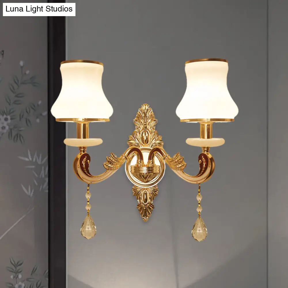 Vintage Gold Wall Sconce With Curved Milk Glass Lampshade - 2 Heads Bedroom Mount Lamp