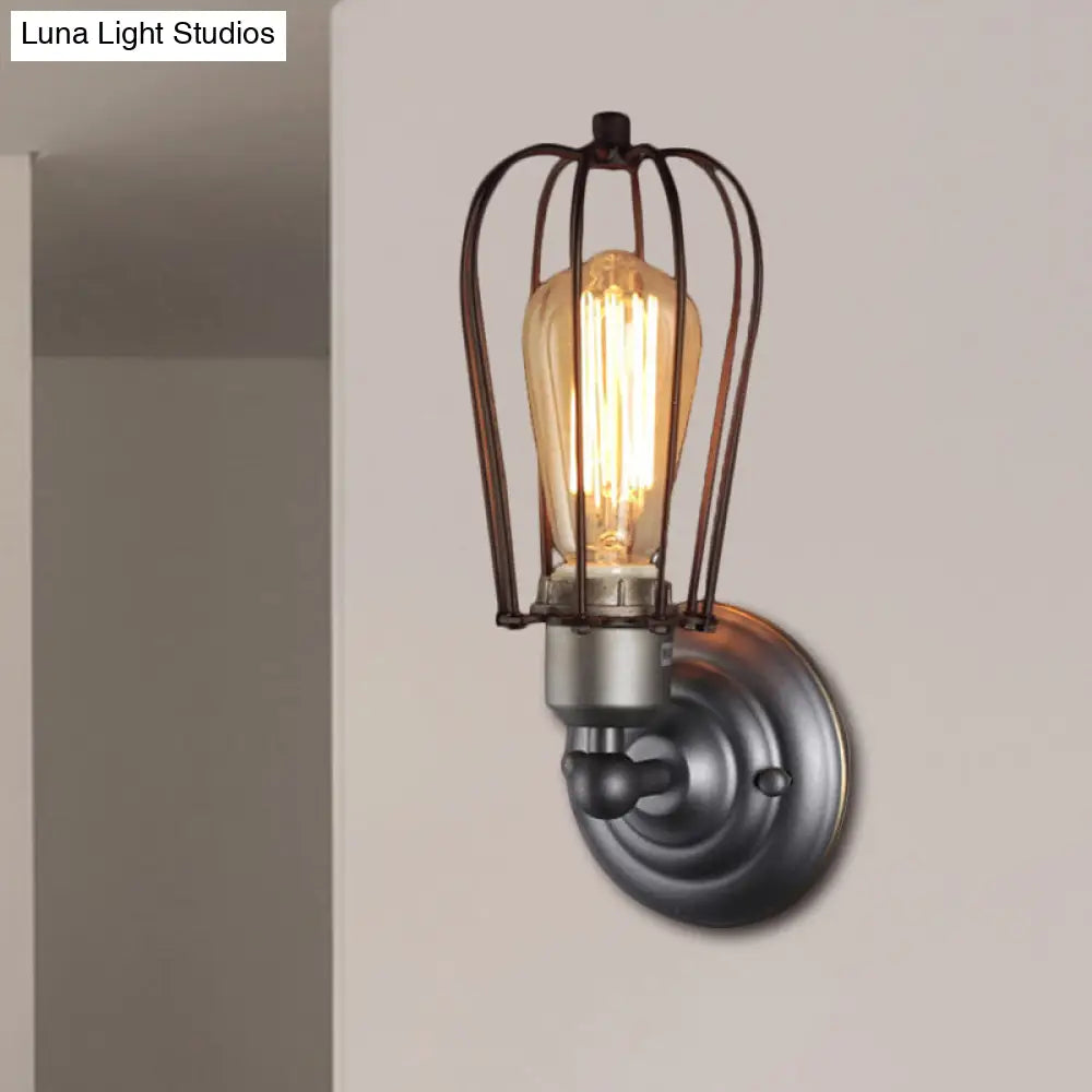 Vintage Industrial 1/2-Light Metal Bulb Wall Sconce With Cage Shade For Restaurants - Black/Nickel