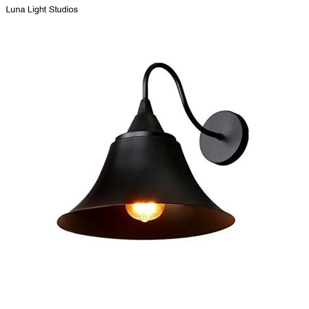 Vintage Iron 1-Light Trumpet Wall Lamp - Black Curved Arm For Living Room Lighting