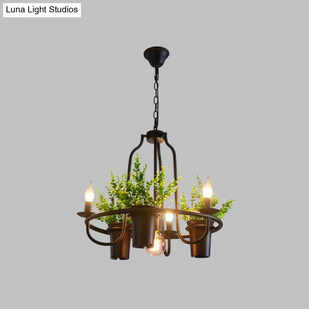 Vintage Iron 7-Light Candelabra Chandelier Pendant With Faux Potted Plant For Restaurants
