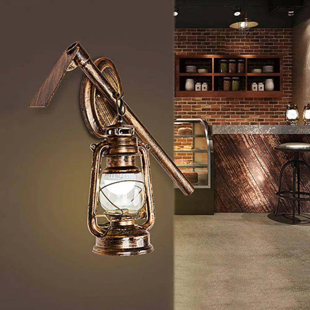 Vintage Lantern Style Wall Hanging Sconce Light In Bronze With Clear Glass And Metal Hoe Deco -