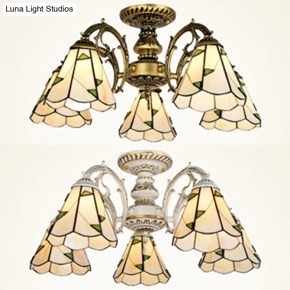 Vintage Lodge Stained Glass Semi Flush Ceiling Light In White/Antique Brass With Conical Design -