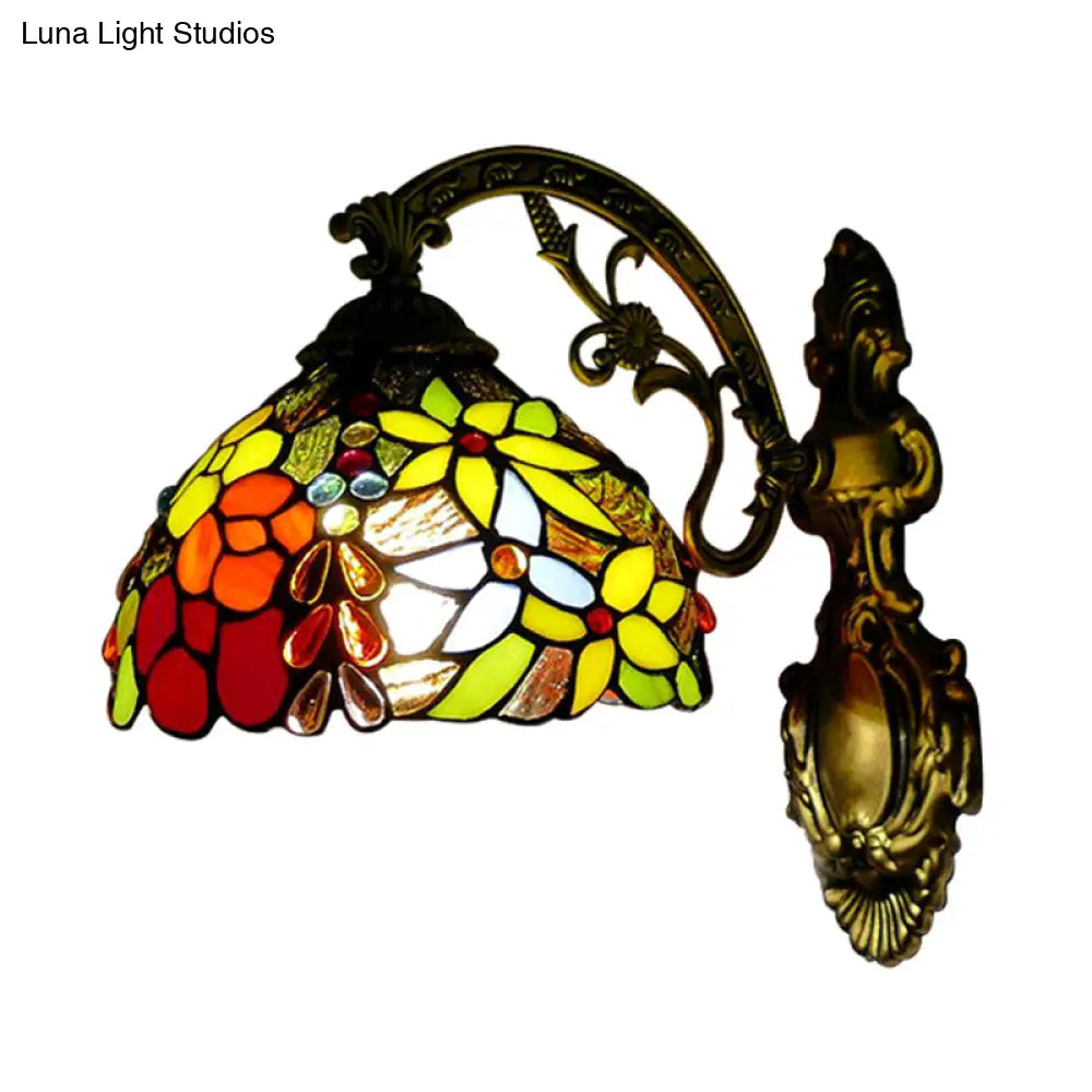 Vintage Loft Style Floral Wall Sconce With Stained Glass Shade - 1 Light Red Indoor Lighting Fixture
