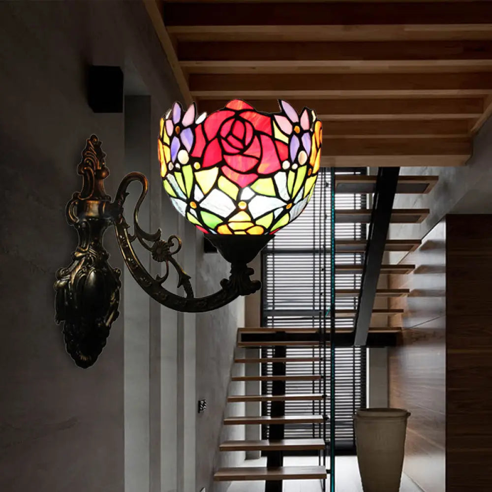 Vintage Loft Style Floral Wall Sconce With Stained Glass Shade - 1 Light Red Indoor Lighting Fixture