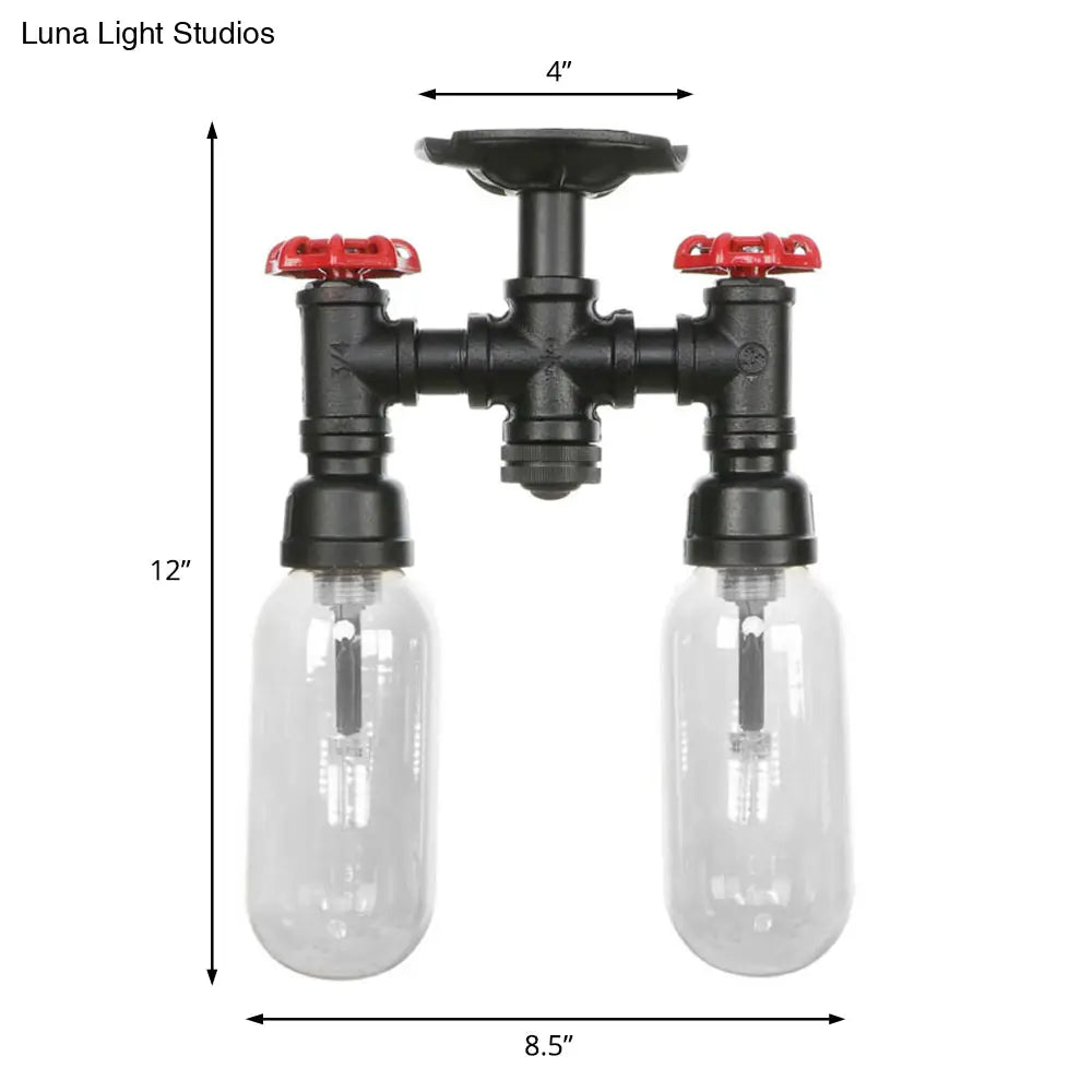 Vintage Matte Black Semi Mount Ceiling Light With Clear Glass Shades - 2 - Light Capsule Design