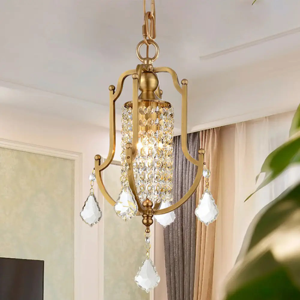 Vintage Metal Lantern Frame Pendant Ceiling Light with Crystal Accent Brass Finish Brass