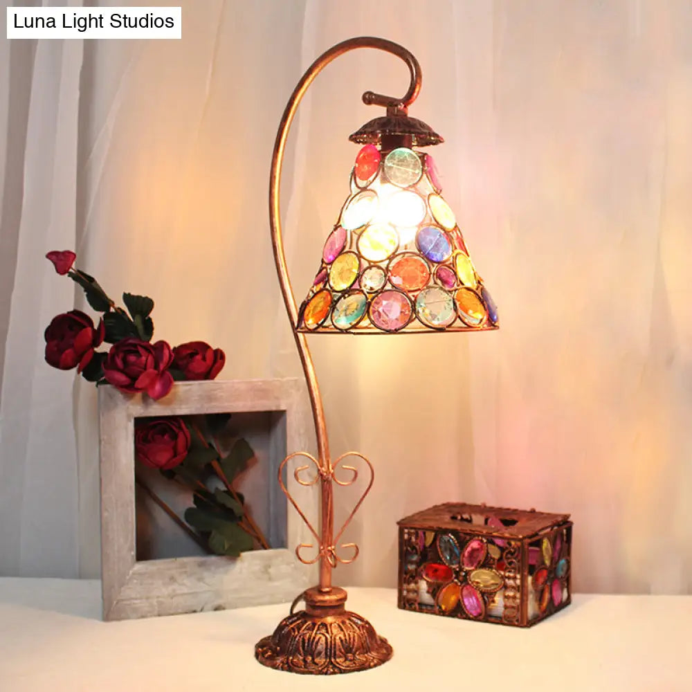 Vintage Metal Night Table Lamp In White/Pink/Red With Curving Arm For Living Room Nightstand