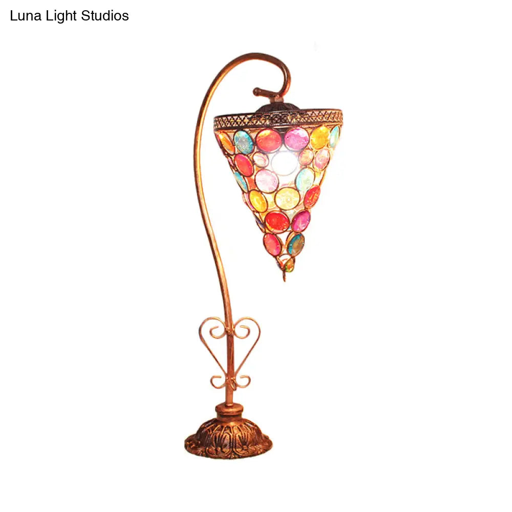 Vintage Metal Night Table Lamp In White/Pink/Red With Curving Arm For Living Room Nightstand