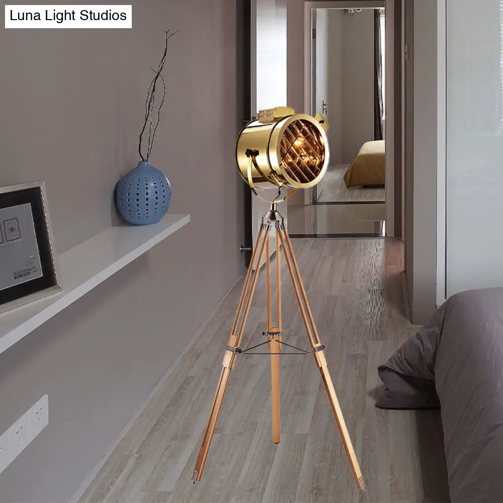 Vintage Metal Spotlight Floor Lamp With Tripod Stand - Black/Wood Perfect For Living Room Lighting