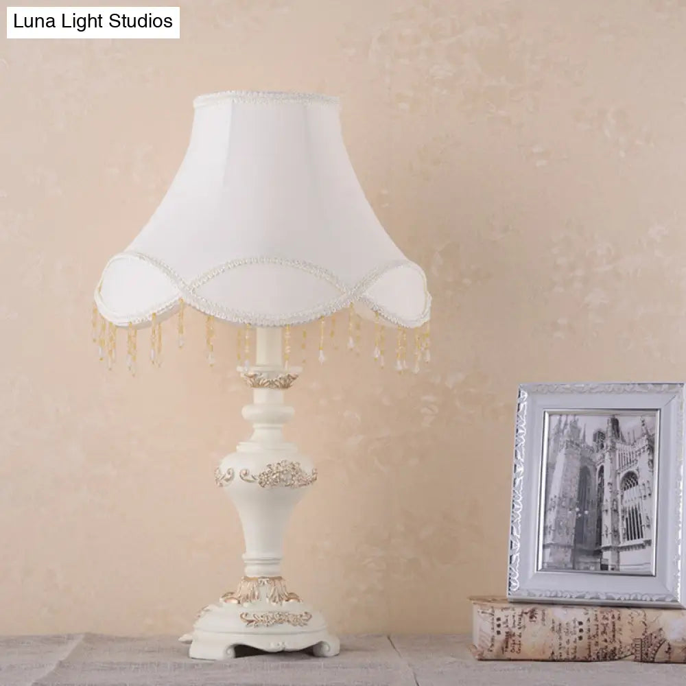 Vintage Resin Urn Nightstand Lamp - White 1-Light Night Table Light With Fabric Shade And Drape