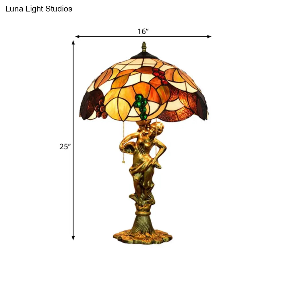 Vintage Resin Woman Carrying Pot Night Lamp With Tiffany Glass Shade - Bronze Table Lighting