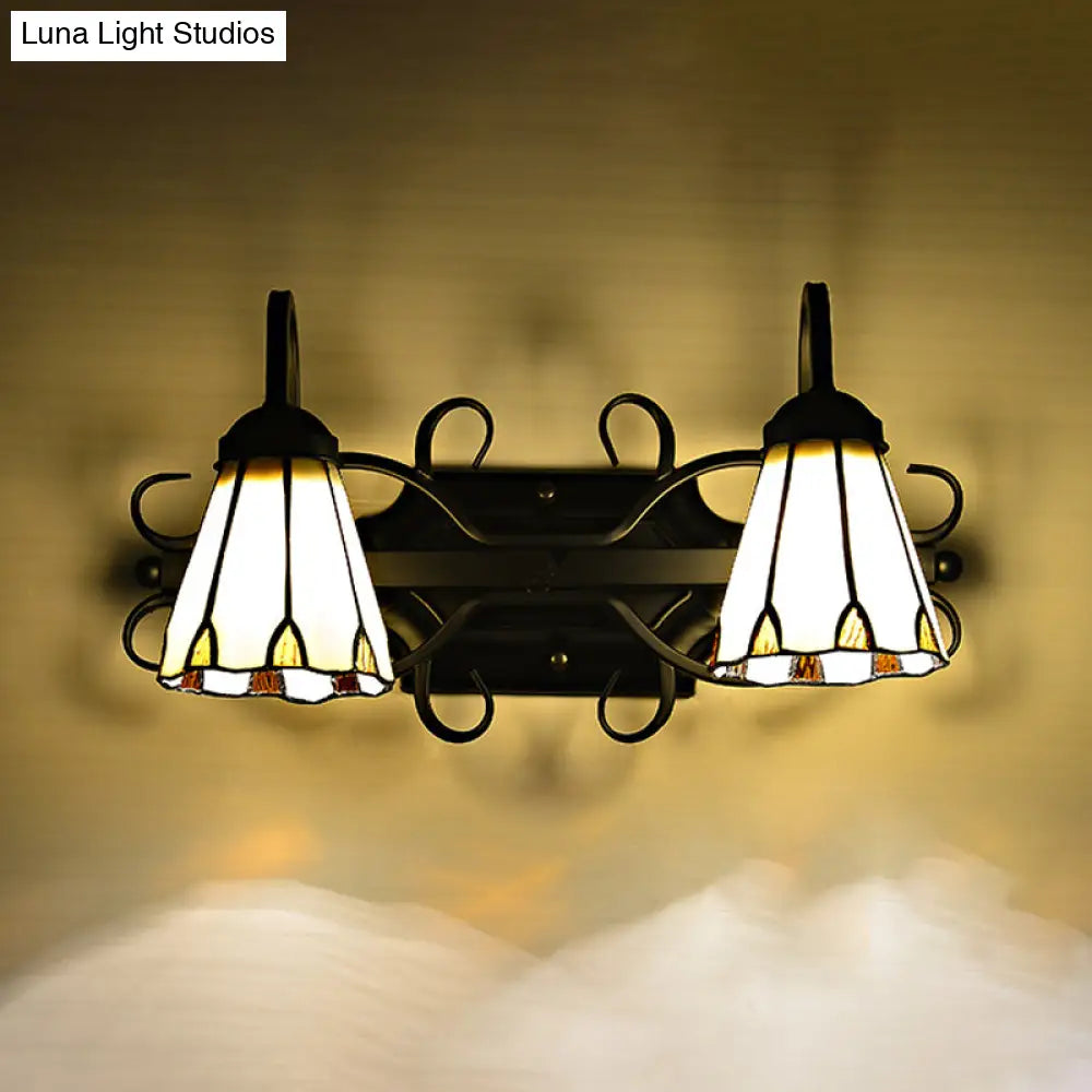 Vintage Retro Gooseneck Cone Sconce With Stained Glass - Dual Head Wall Light In Beige For Bedroom