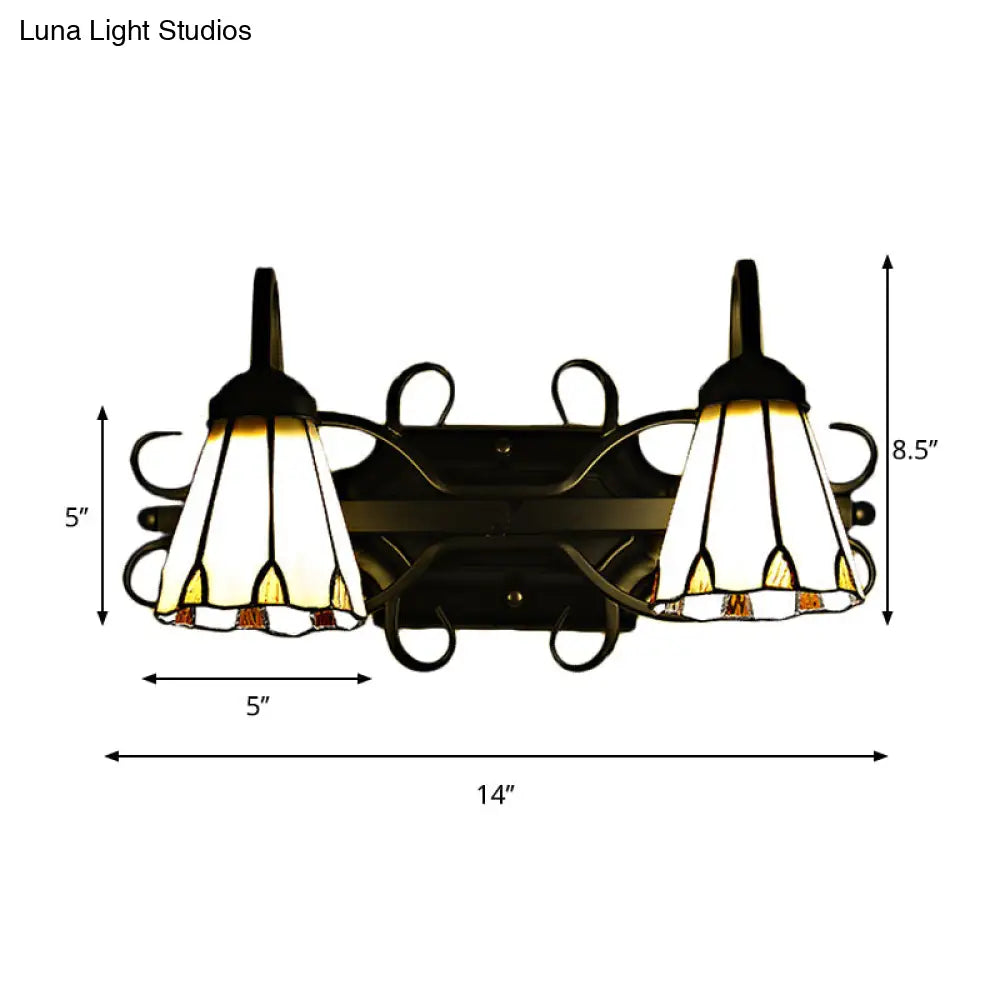 Vintage Retro Gooseneck Cone Sconce With Stained Glass - Dual Head Wall Light In Beige For Bedroom