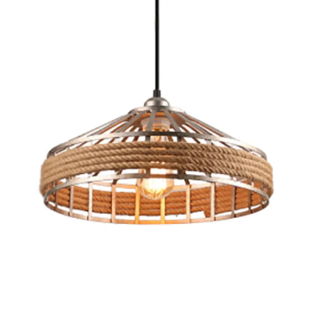 Vintage Rope And Metal Suspension Light For Restaurants - Conic Cage Design In Aged Silver/Black