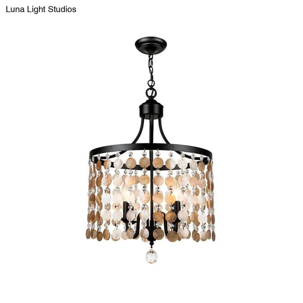 Vintage Round Chandelier Light Metal & Shell | 4-Light Suspension Black For Bedroom