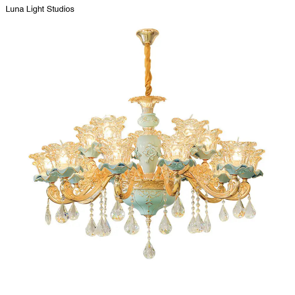 Vintage Ruffle Glass Flower Chandelier With Hanging Crystal - Blue Pendant Light For Living Room
