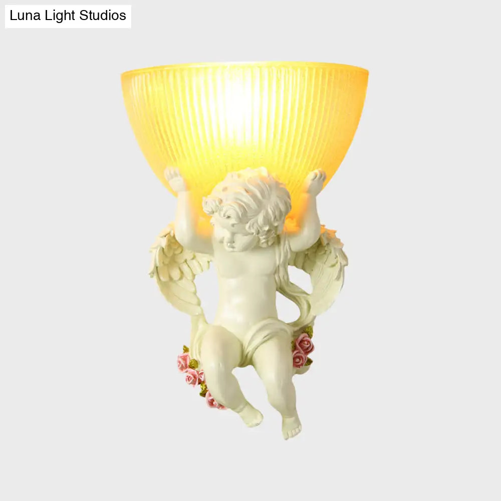 Vintage Silver/White/Beige Resin Angel Wall Lamp With Amber Fluted Glass Shade