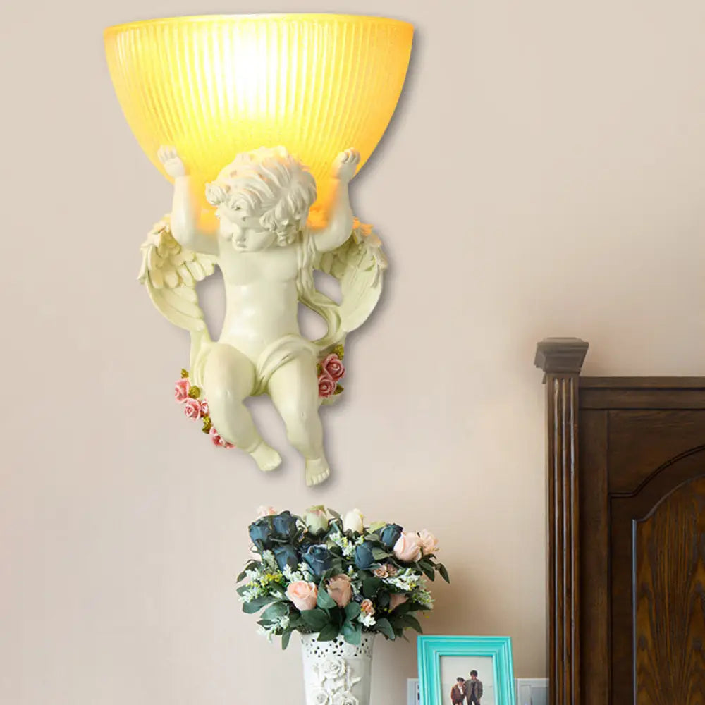 Vintage Silver/White/Beige Resin Angel Wall Lamp With Amber Fluted Glass Shade Beige