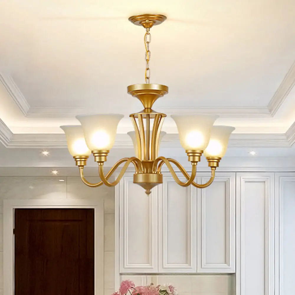 Vintage Sputnik Metal Chandelier With Flared White Glass Shade - Gold Finish 3/5/6 Lights For Living