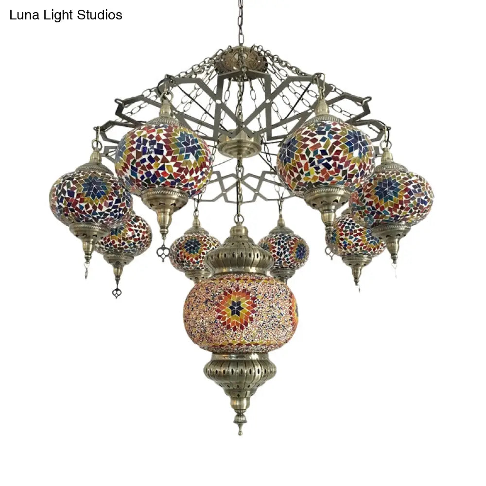 Vintage Stained Art Glass Chandelier - Red/Blue 9-Head Ceiling Light Fixture