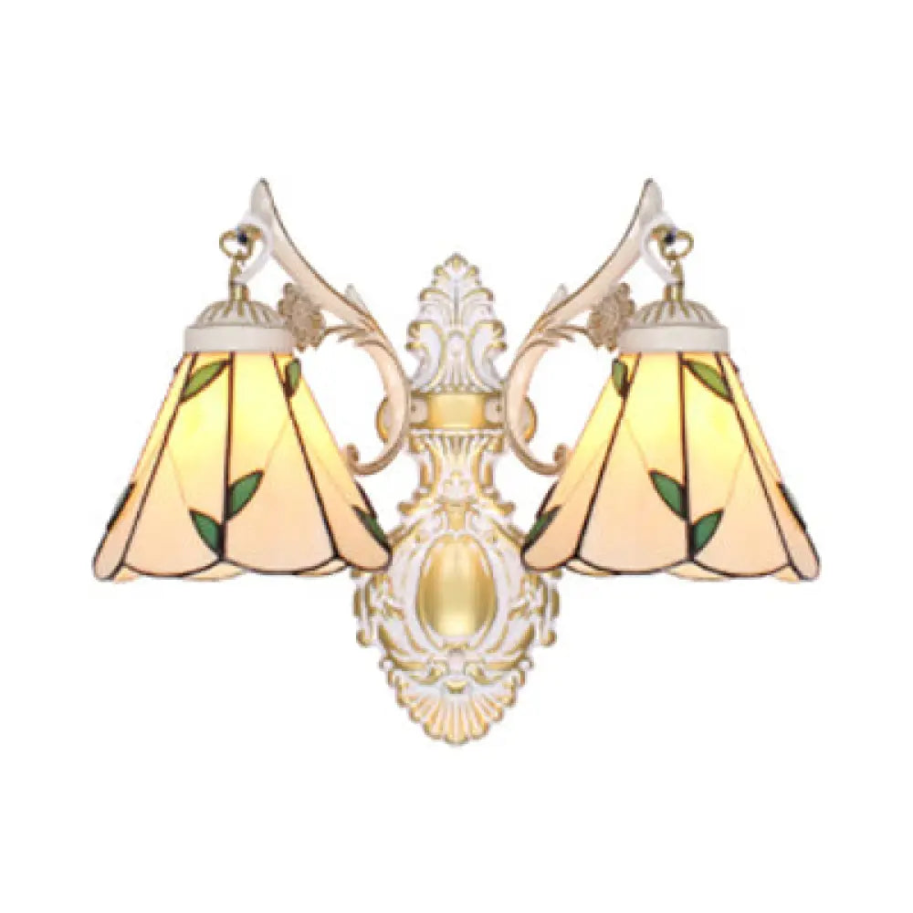 Vintage Stained Glass 2-Head Wall Mount Light In White/Antique Brass For Bedroom Décor White