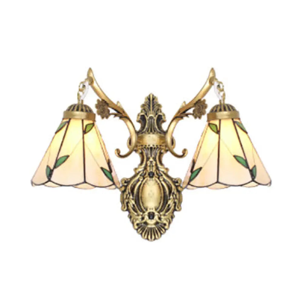 Vintage Stained Glass 2-Head Wall Mount Light In White/Antique Brass For Bedroom Décor Antique