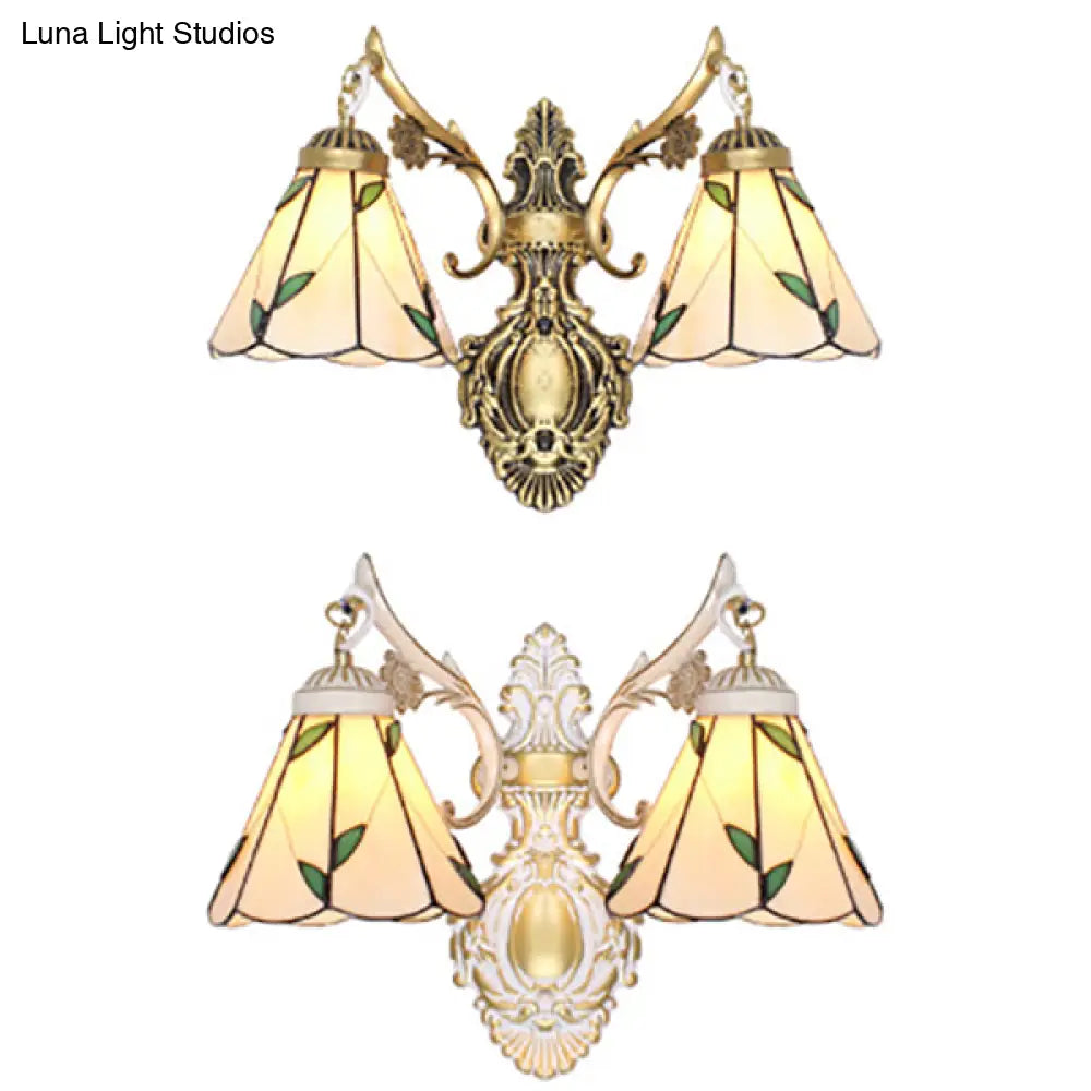 Vintage Stained Glass 2-Head Wall Mount Light In White/Antique Brass For Bedroom Décor