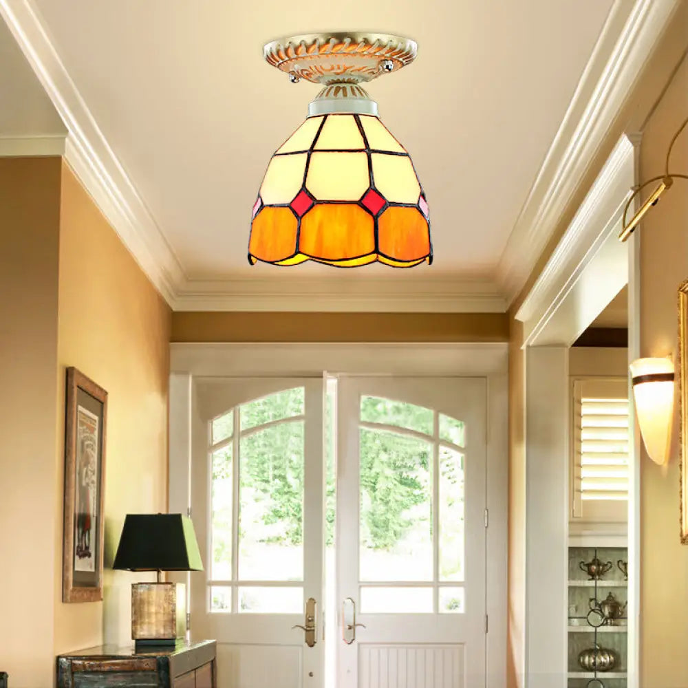 Vintage Stained Glass Dome Ceiling Light Fixture In Orange/Blue For Hallway Orange