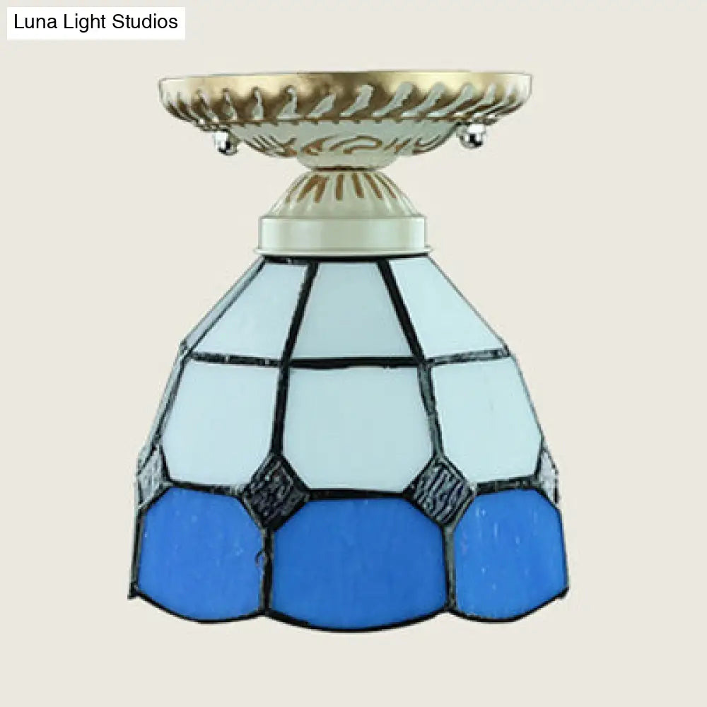 Vintage Stained Glass Dome Ceiling Light Fixture In Orange/Blue For Hallway