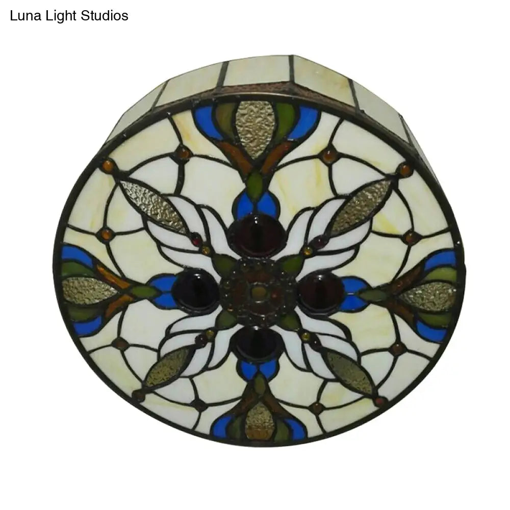 Vintage Stained Glass Flushmount Ceiling Light With Peacock Tail Pattern In Beige - 2 Lights