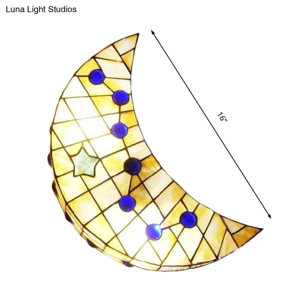 Vintage Stained Glass Moon Shape Wall Sconce For Hallway - 1-Light Light