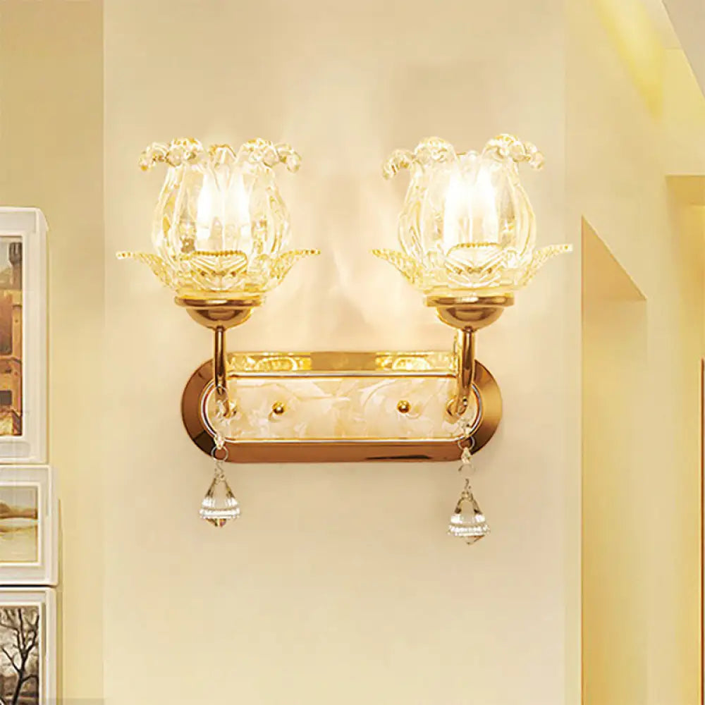 Vintage-Style Bedside Wall Sconce Lamp With Flower Amber Glass Shade And Pull Chain 2 / Gold