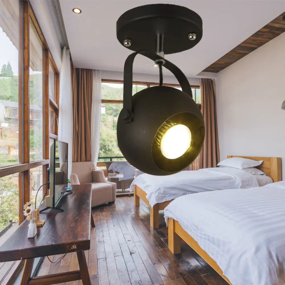 Vintage-Style Black Globe Metal Ceiling Light Fixture Rotatable & Semi Flush For Bedrooms -