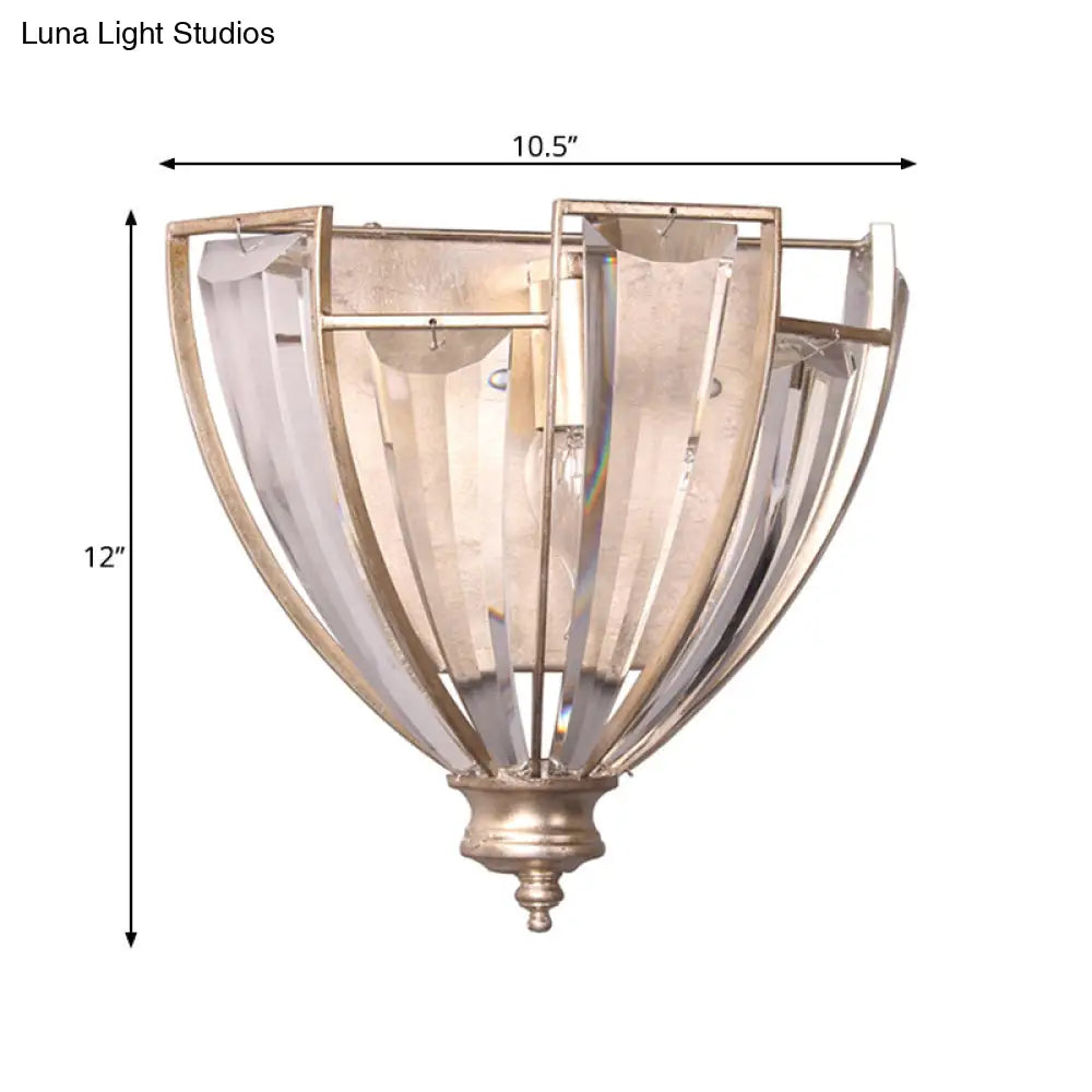 Vintage Style Gold Finish Crystal Wall Sconce - Bowl Shape Clear Glass Bedroom Lighting With 1 Bulb