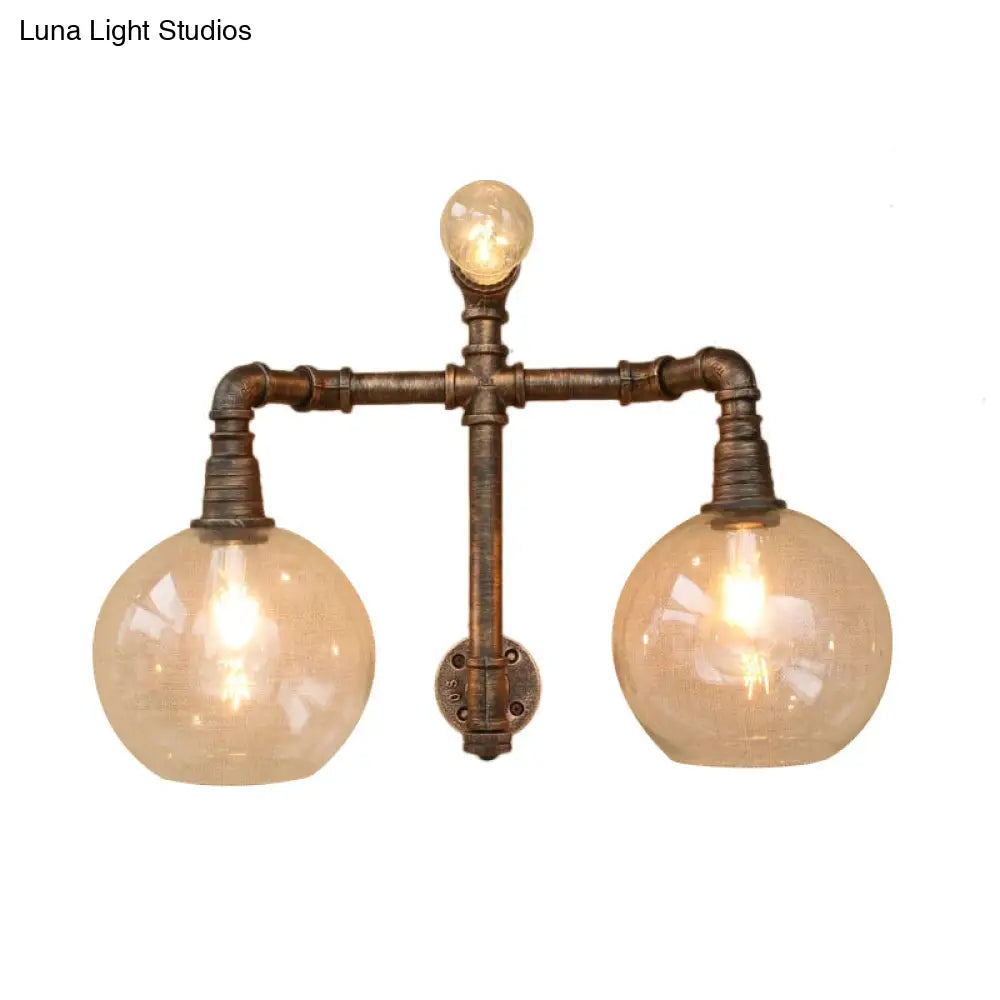 Vintage Style Wall Sconce Lighting: Glass Clear Mounted Global Shade 2/3 Lights With Pipe For Living