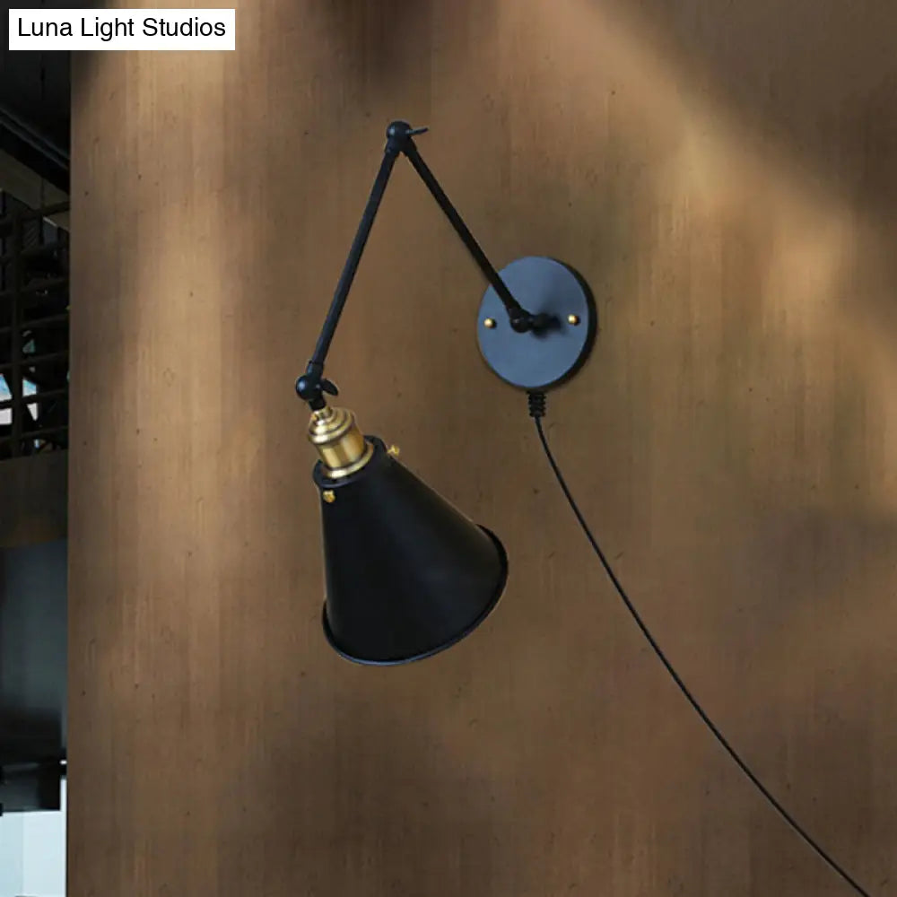Vintage Swing Arm Wall Sconce - 1 Bulb Metallic Light Fixture In Black For Dining Room
