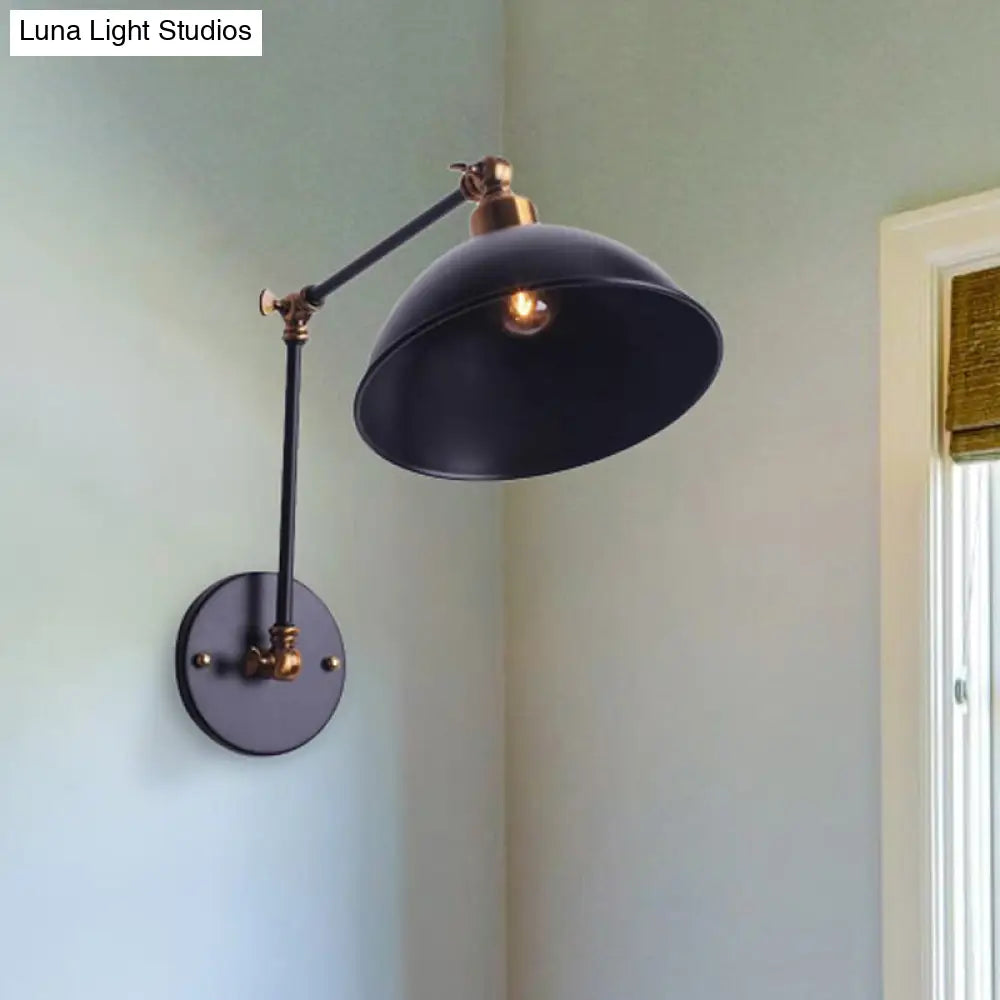 Vintage Swing Arm Wall Sconce Light With Bowl Shade - Black Metal Perfect For Stairways