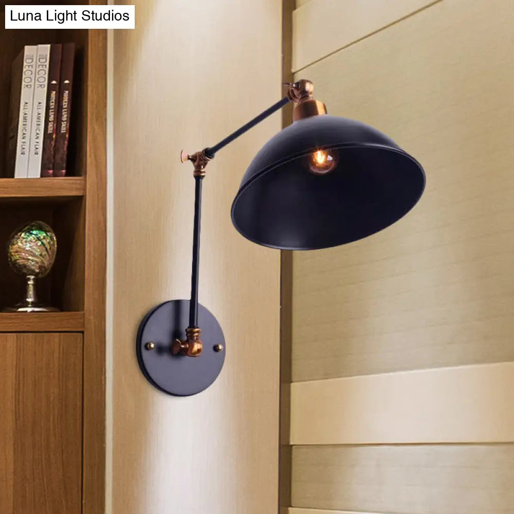 Vintage Swing Arm Wall Sconce Light With Bowl Shade - Black Metal Perfect For Stairways