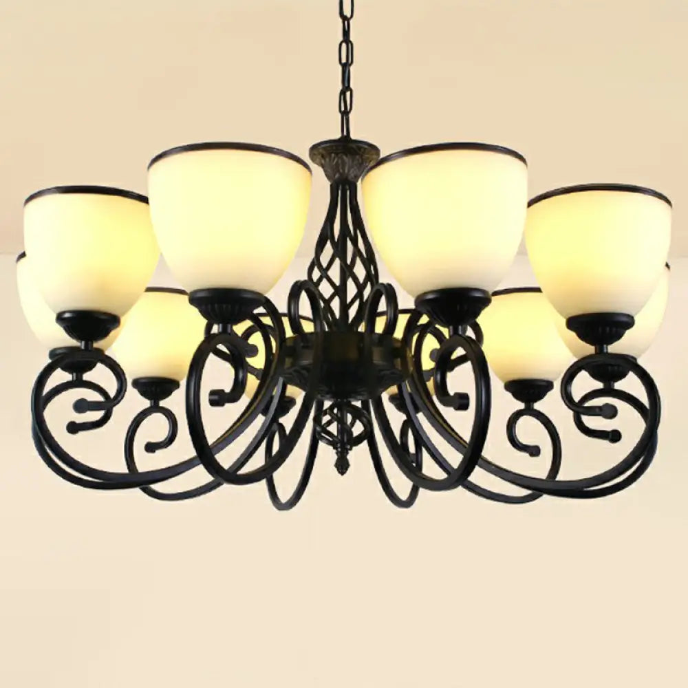 Vintage Swirled Arm Metallic Chandelier Pendant Light With Bell Frost Glass Shade For Living Room 10