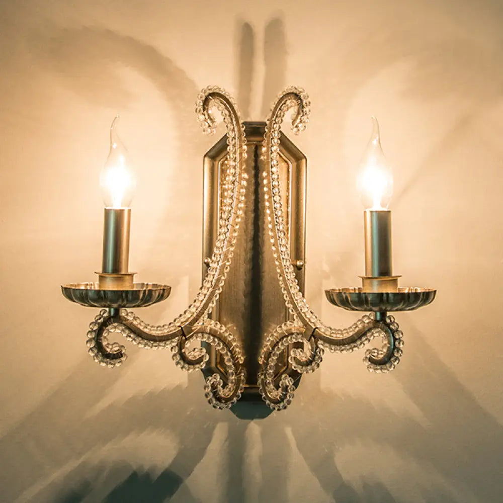 Vintage Wall Mount Candelabra Light Fixture With Crystal Beaded Arm - Metallic 2 / Silver