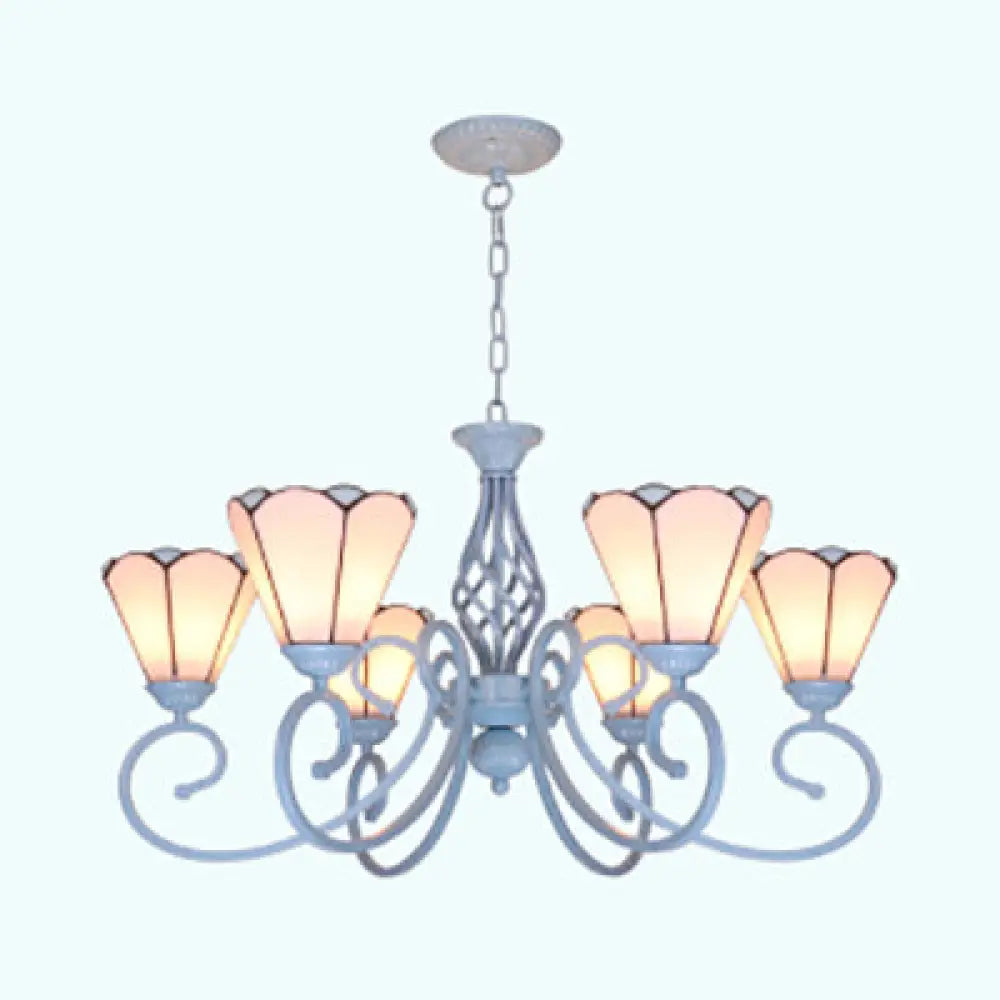 White Stained Glass Chandelier With Metal Chain And Curved Arm - 5/6 Lights 6 /