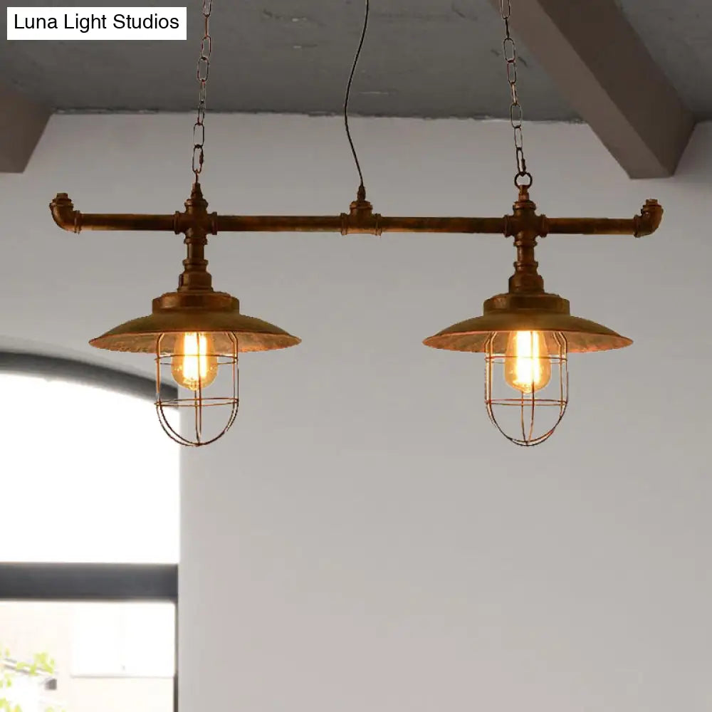 Wire Guard Hanging Light With Pipe Design - 2-Light Weathered Copper Iron Island Lighting
Note: