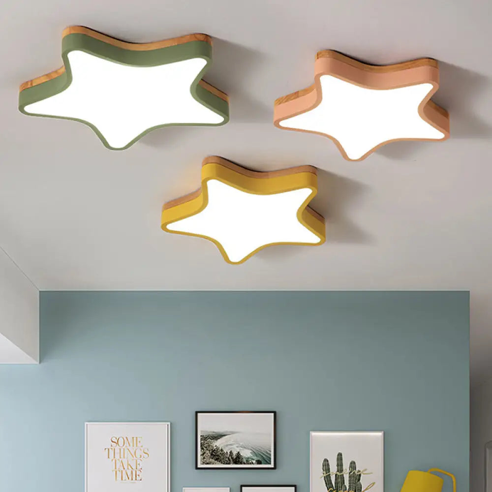 Wood Star Flush Cartoon Led Ceiling Light For Kindergarten Room Pink / 18’